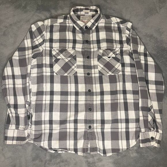 Grey and White American Eagle Outfitters Flannel Long Sleeve Button Up T-Shirt - Picture 1 of 6